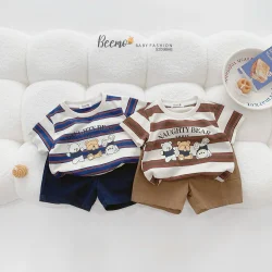 Bộ Quần Áo Bé Trai Beemo Cộc Tay Kẻ Ngang Naughty Bear