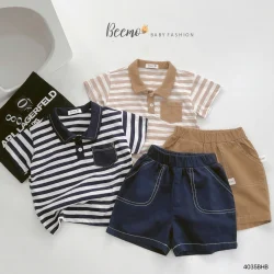 Bộ Polo Bé Trai Beemo Kẻ Ngang Phối Túi - Chất Cotton Xược Thoáng Mát Phong Cách Hàn Quốc (9-25kg)
