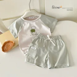 [MỚI] Set Bộ Bé Trai Cộc Tay Beemo Raglan In Hình Gấu - Chất Cotton Phong Cách Hàn Quốc (9-24kg)